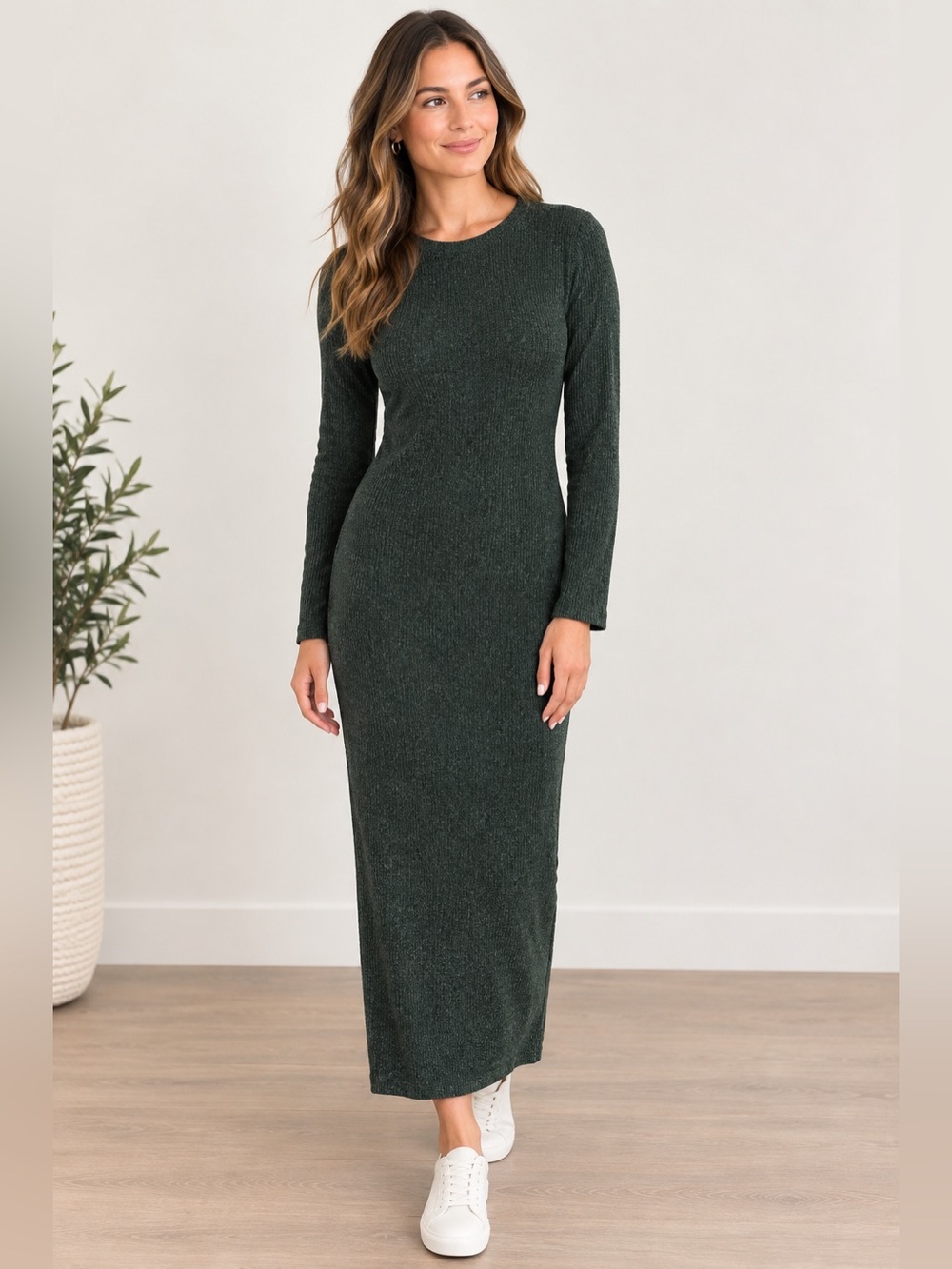 Zara Ribbed Knit Fitted Long Sleeve Midi Dress S Gray Minimalist